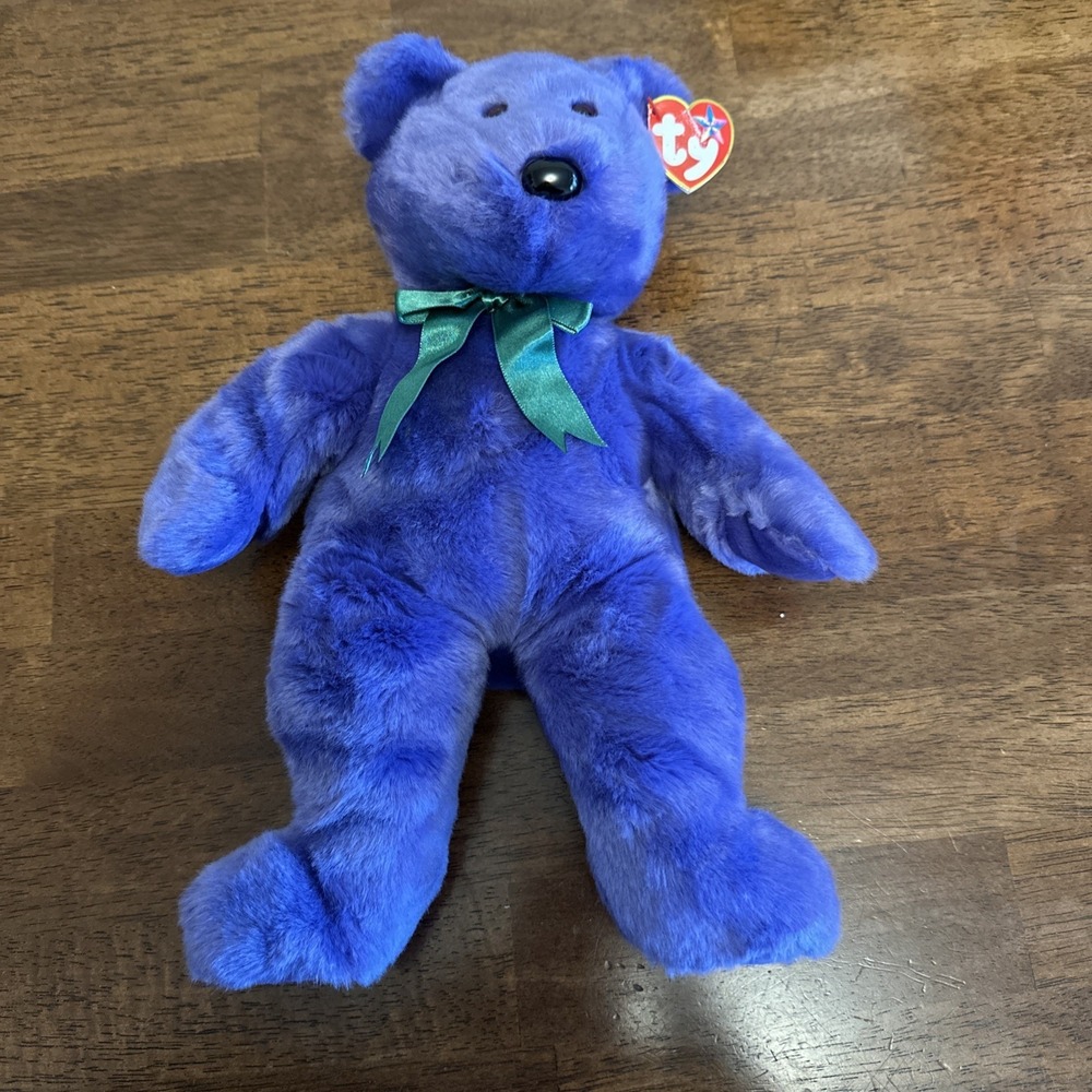 Y2K TY Beanie Buddy Employee Bear Retired Purple Teddy Plush 12" Stuffed Animal